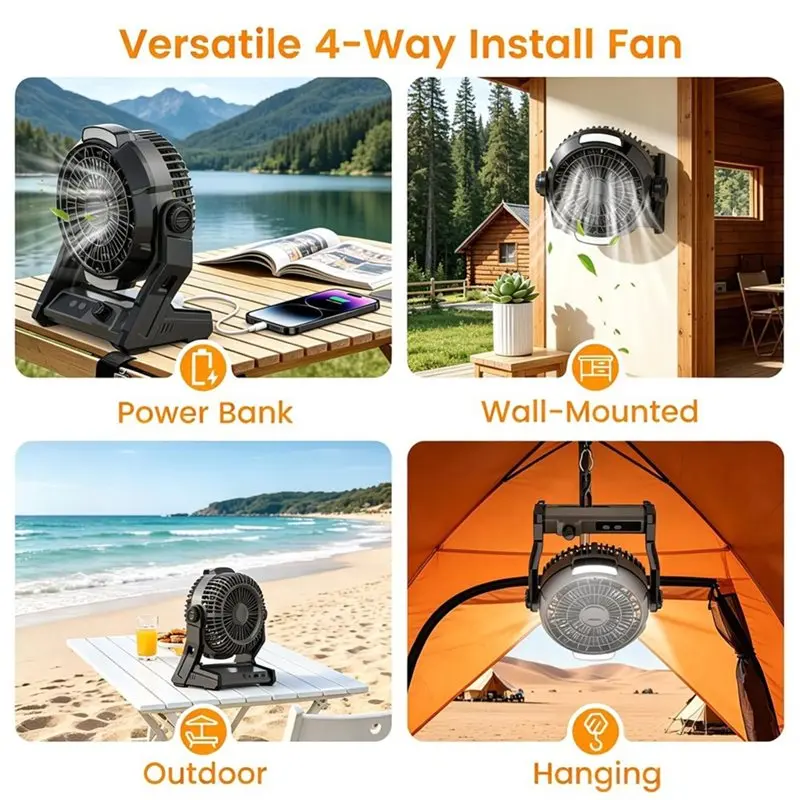 AC39-Camping Fan Rechargeable, 10000Mah Battery, 100-Speed Adjustable, 3-In-One Desk & Hanging Fan, Timer & Night Light