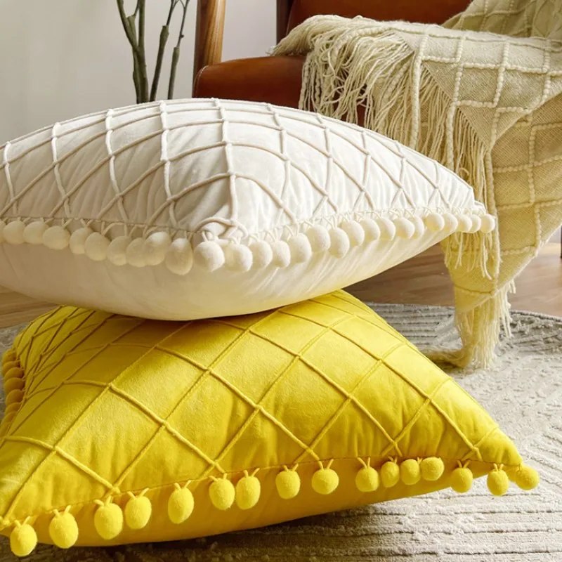 1PC Cream Gold Velvet Diamond Pattern Cushion Cover 30x50cm/45x45cm Decorative Throw Pillow Case with Pompom for Home Decor