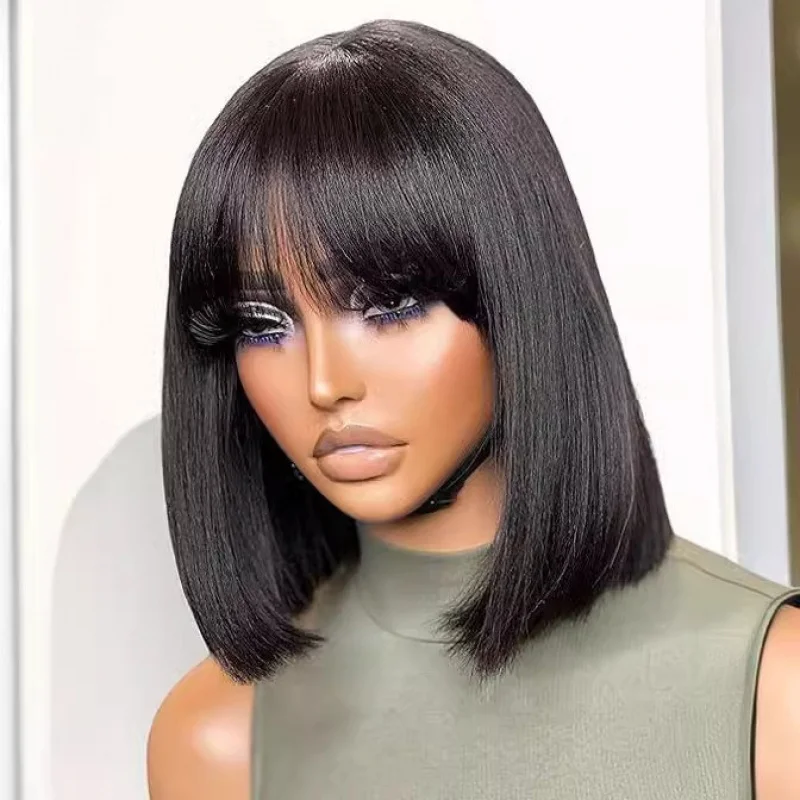 

Wig European and American Style Synthetic Hair Wig Women's High-Temperature Silk Full Bangs Chestnut Brown Bob Wig Wholesale