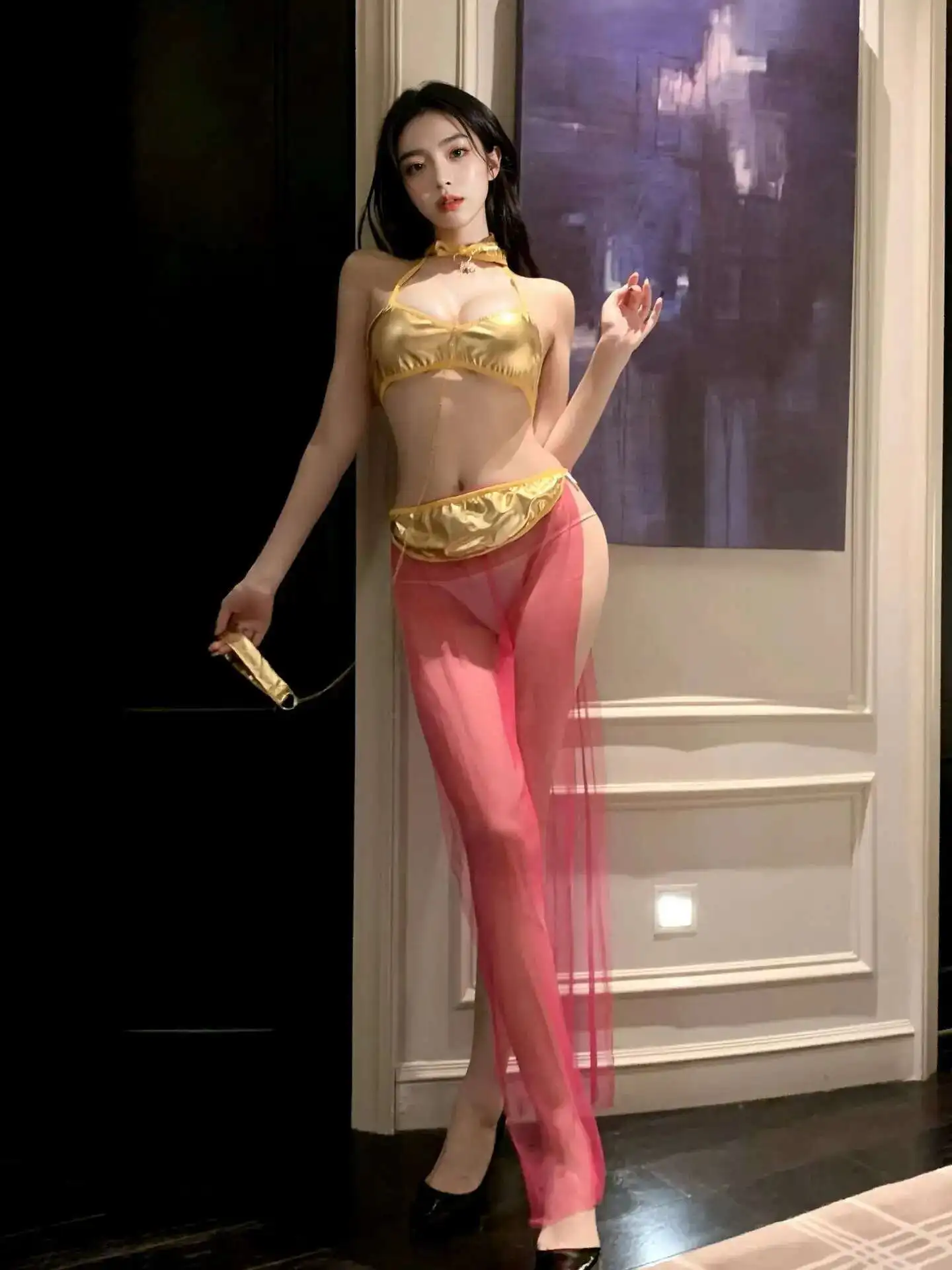 Lingerie sexy Spacco laterale Filato morbido Abito lungo Ragazza Stile esotico Flirtare Set femminile Set di abiti in rete di pelle laccata Giocoso GDHC