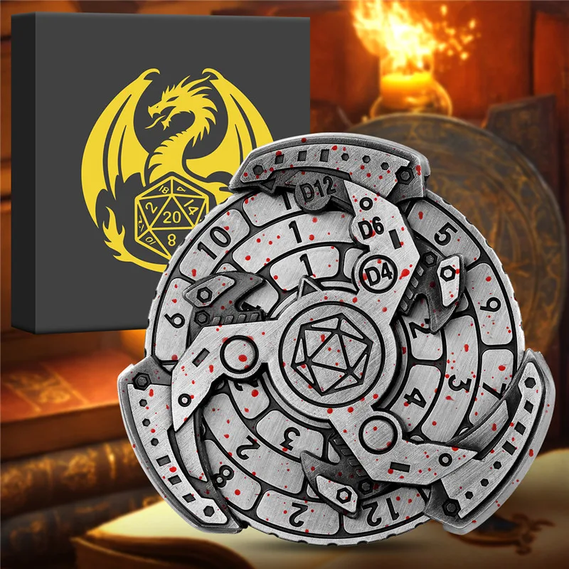 

DND Metal Dice Spinner 7-in-1 Fingertip Rotating Wheel Tabletop Entertainment Role Play Game Accessory with Dragon Gift Box