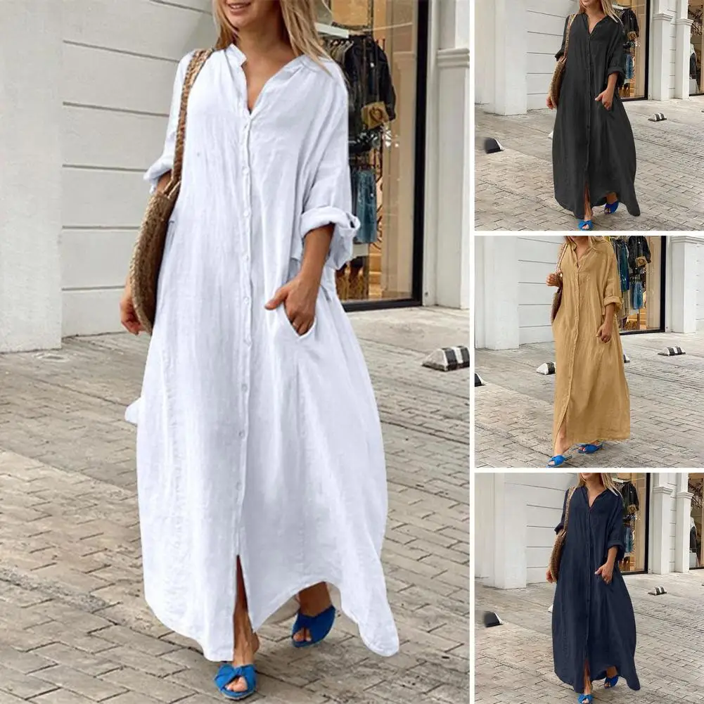 Damskie elegancka sukienka Maxi sukienka trapezowa z kieszeniami na dekolcie w szpic dla kobiet miฤkkie oddychajฤ
ce do kostek lato na wiosnฤ
