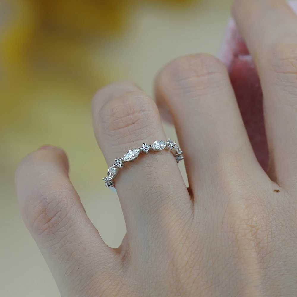 Round Marquise Cut Moissanite Diamond Wedding Rings Half/Full Eternity Band 925 Sterling Silver Stackable Ring for Women Bridal