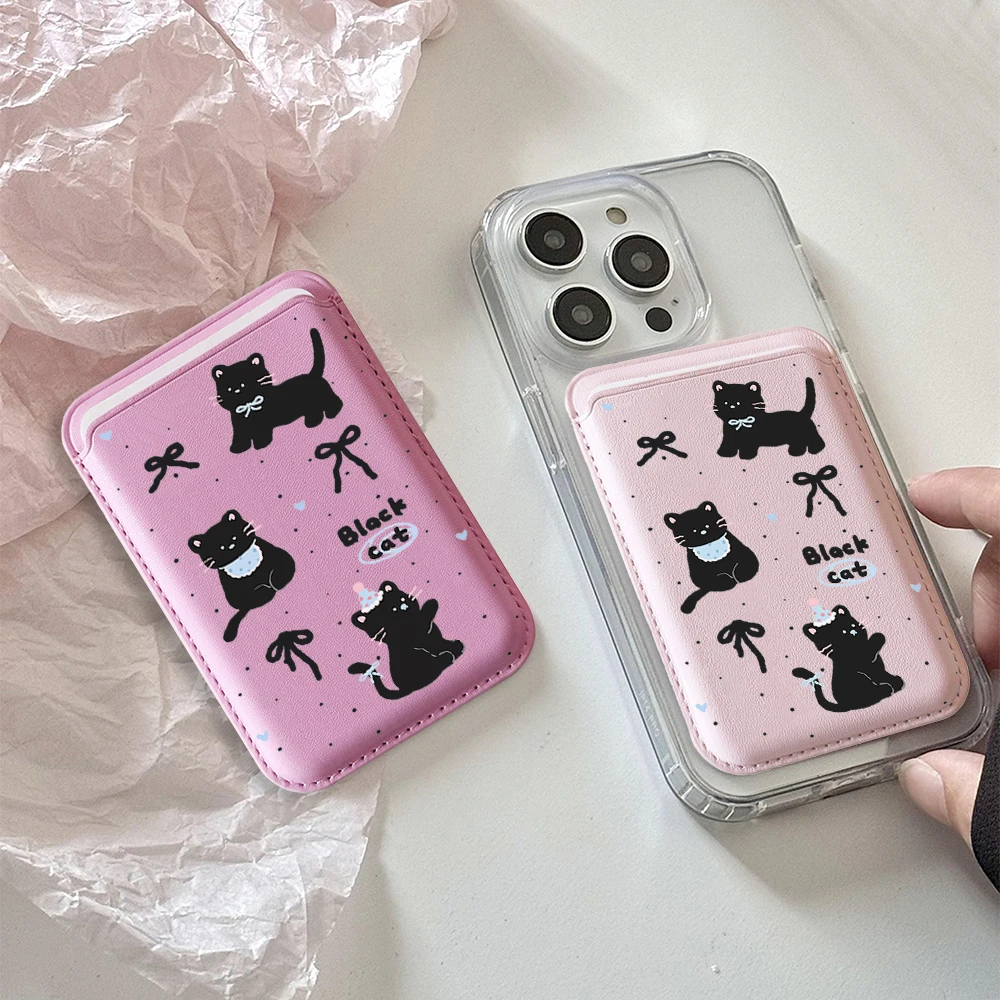 Niedliche schwarze Katzen-Leder-Kartenhülle mit Magnetverschluss, geeignet für alle iPhones, kompatibel mit MagSafe, Kartenhalter für die Rückseite des Telefons. – Detail 1