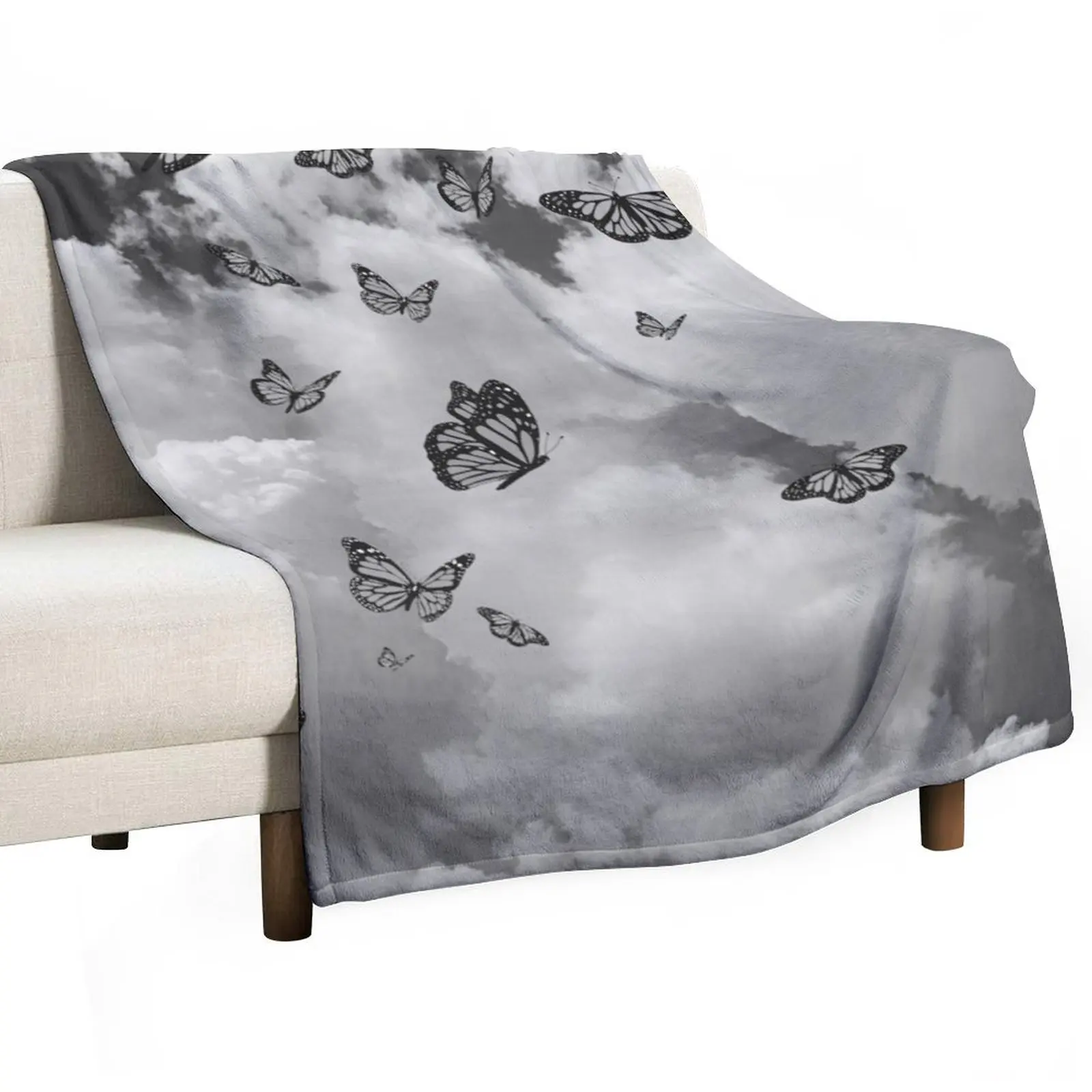 Monarch butterflies flying in the sky (Black and white) - Photography and illustration Throw Blanket Camping Sofa Blankets