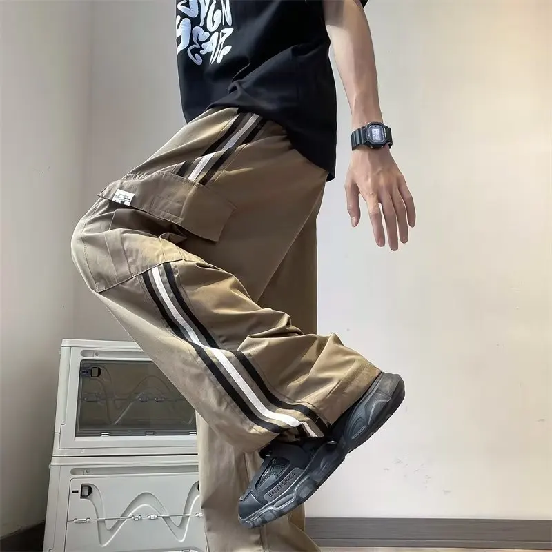 Men's Dark Blue Hip Hop Pants High Street American Style Loose Retro Overalls Couple Side Stripes Straight-Leg Pants boy