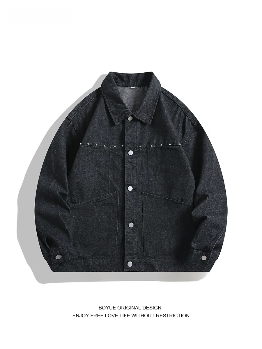 

Boyue American Waed Bead Pure Color Collar Casual Simple Jaet Denim Outerwear for Men And Women Trendy Casual Sle