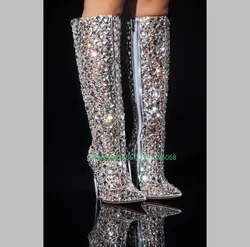 Lady PVC glitter rhinestone knee pointed toe boots bling demand white boots embellished design pumps boots footwear size 46