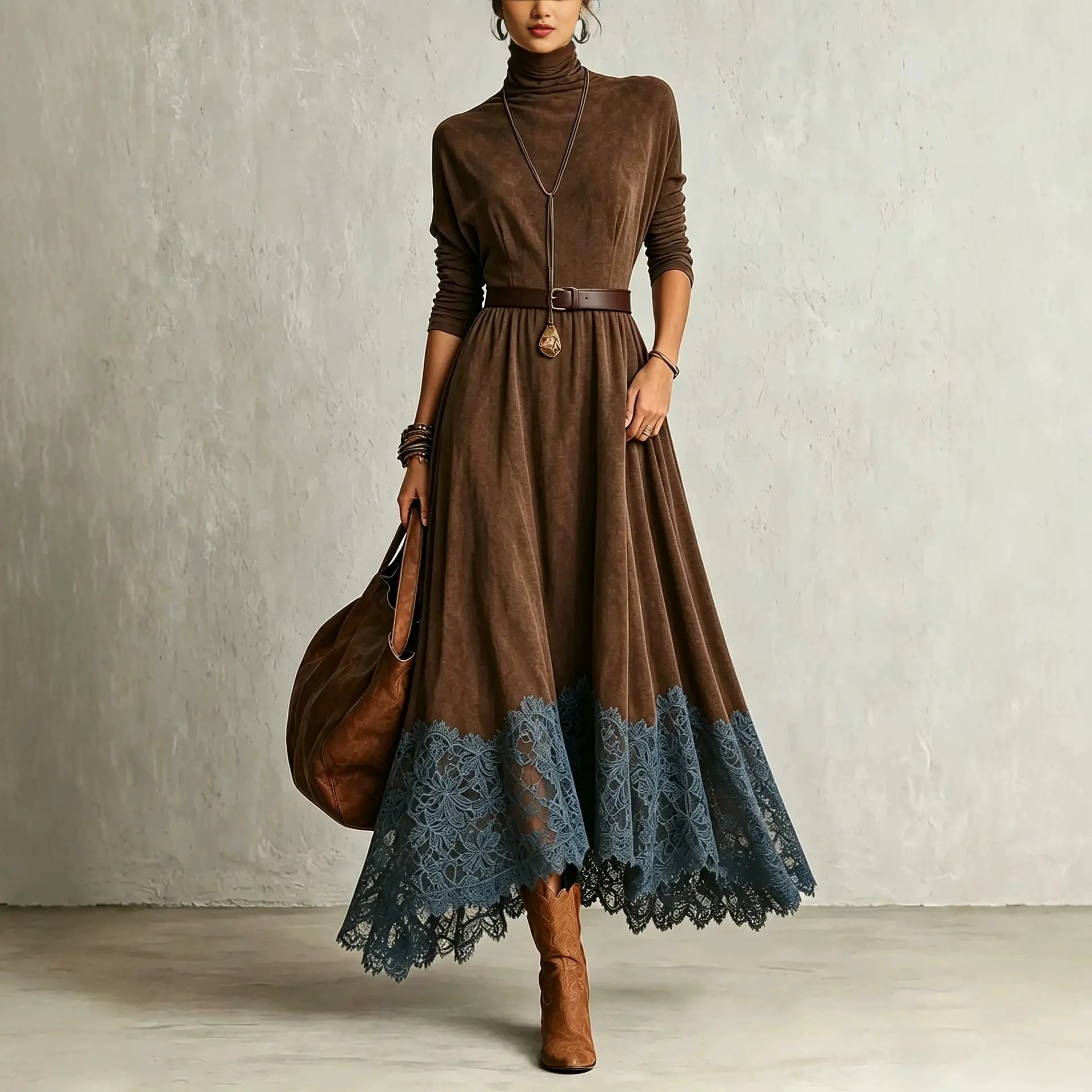 Elegantes Maxikleid aus Kunstwildleder für Damen, Frühling/Herbst, Vintage-Stil, Rollkragen, Spitzenbesatz am Saum, langes Kleid, hohe Taille, A-Linien-Schnitt, Abendkleid.