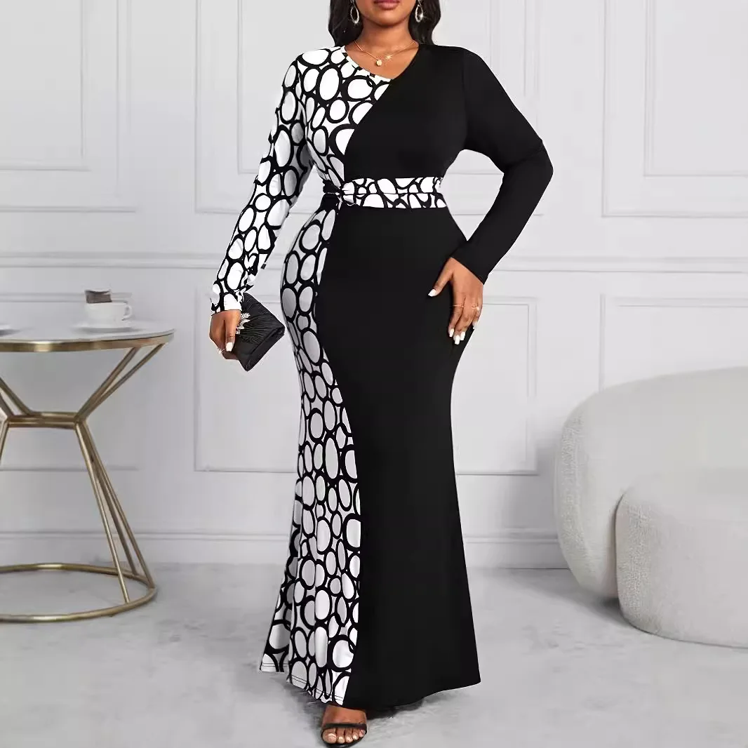 Plus Size Contrast Color Women Dress O Neck Front Twist Female Long Sleeves Elegant Dresses Bodycon Clothing Evening Party Gowns