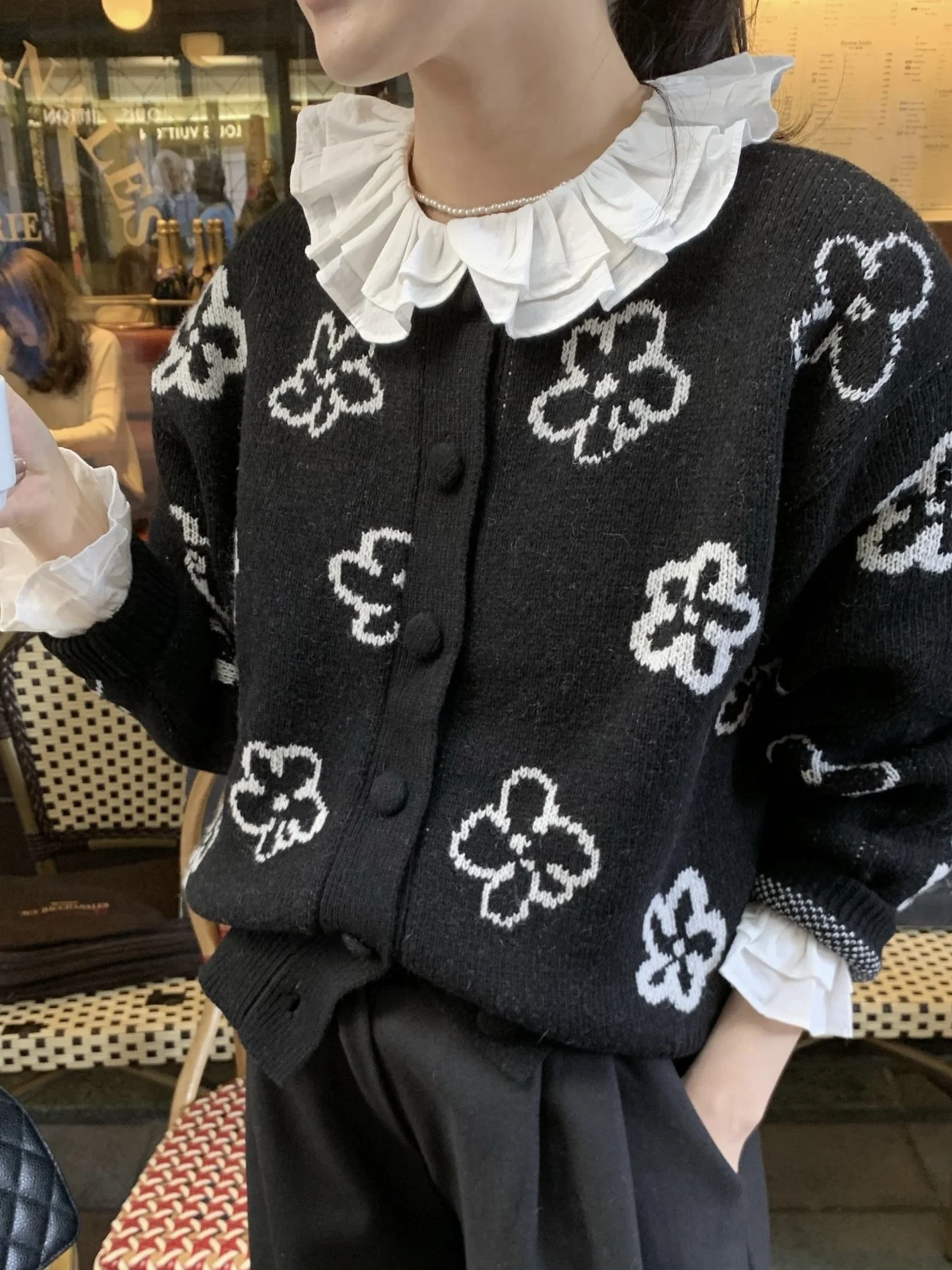 

Chic Thi Knitted Flower Embroidery Open Cardigan Women's round Ne Single Button Sweater Autumn New Sle Ele Lady irt