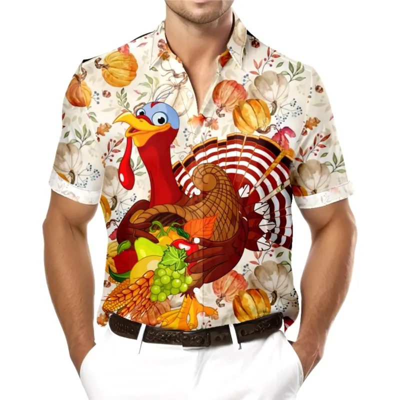 Thanksgiving Day Turkeys Print Chest Pocket Hawaiian Shirt Casual Daily Short Sleeve Shirt Clothing Tops