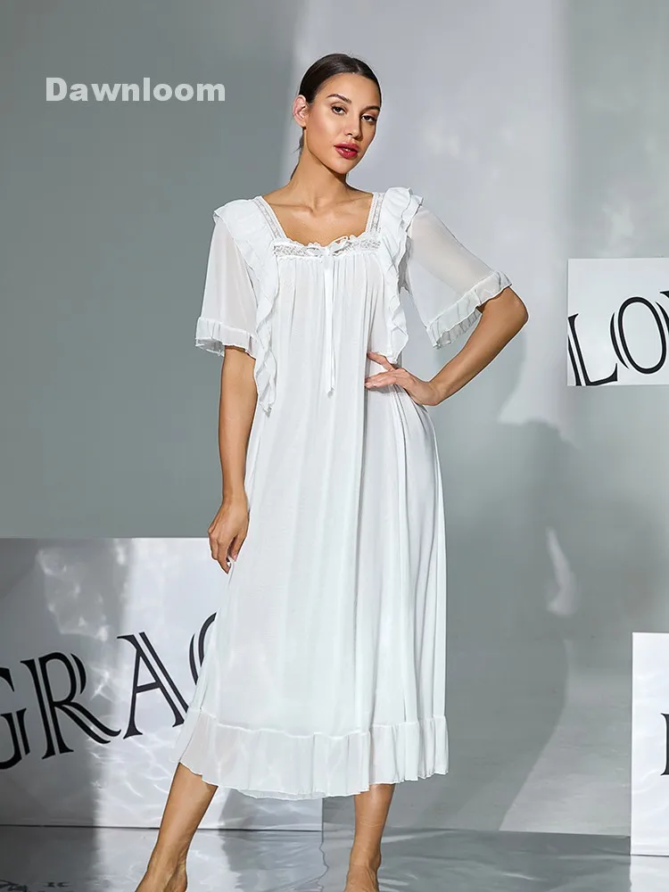

Women's White Ruffled V-Neck Nightgown Netted Tie-On Long Gown Light Luxury Retro Style Home Wear Gentle Feminine Sleepwear
