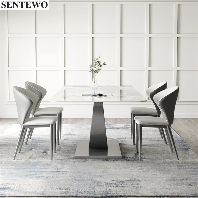 SENTEWO Luxury Rock Slab Dining Room Table With 6 Chairs Titanium Grey Base Faux Marble Tables Dinner Chair Set Yemek Masaları