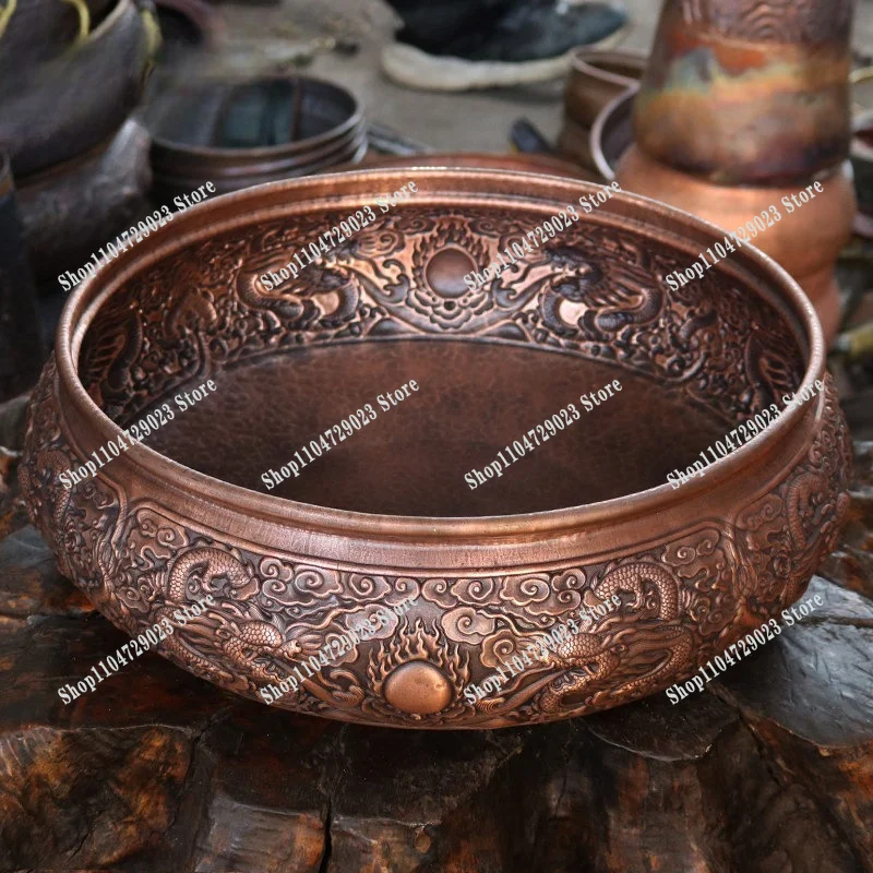 Copper basin handmade thickened retro art round household face washing hands and feet flower decoration cornucopia