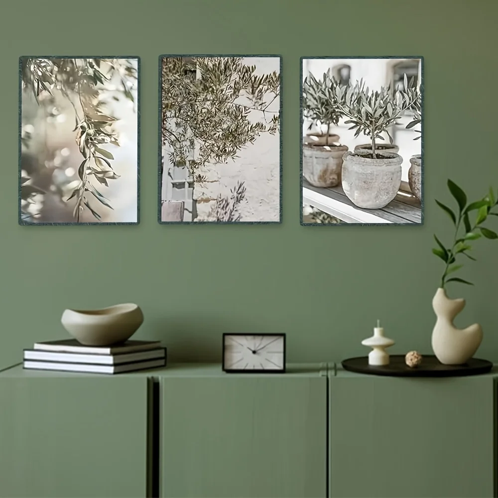 2D Flat 3pcs Unframed GKUVBF Minimalist Architecture Painting on Canvas with Olive Branches and Leaves Scandinavian Wall Art