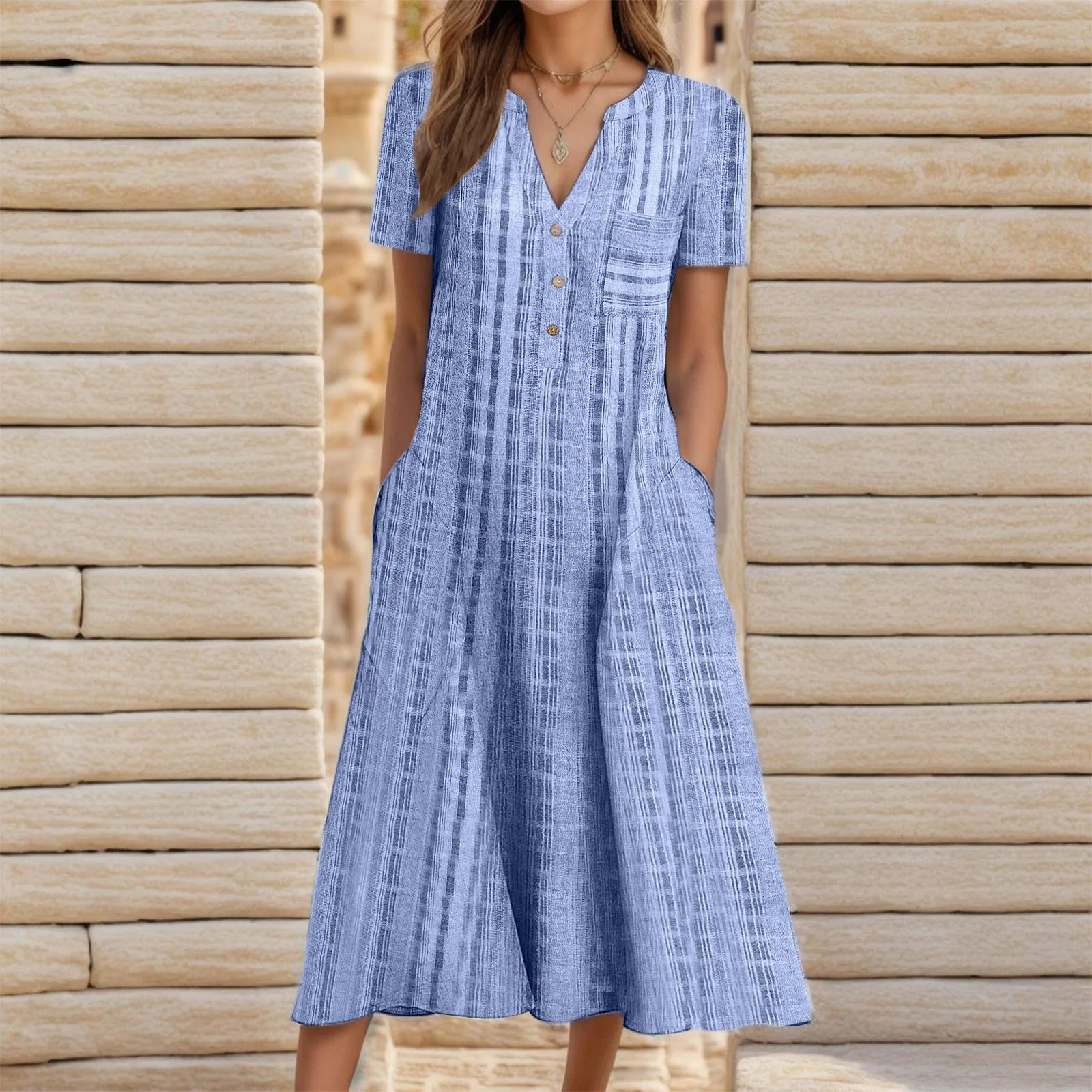 

Summer Women's Casual Long Dress Elegance Short Sleeve V Neck Half Button Maxi Dresses 2024 Holiday Beach Feamle Vestidos Robe