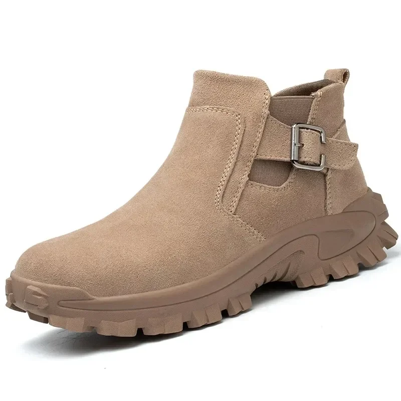 Cowhide Suede Steel Toe Safety Boots Anti Smash Anti Puncture Slip Resistant Chelsea Work Shoes Men Breathable Durable