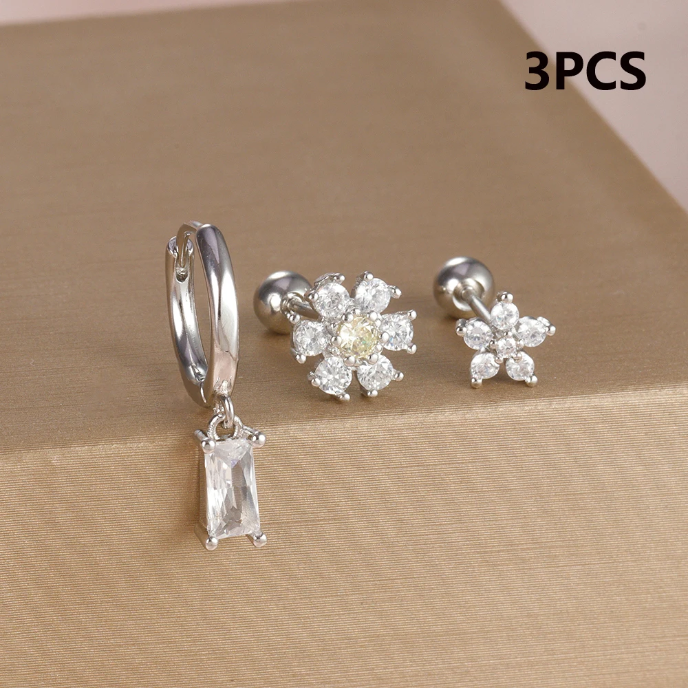 Square Hoop Earring Set for Women Exquisite Small Stainless Steel Zircon Flower Fruit Cartilage Piercing Earring Fashion Jewelry