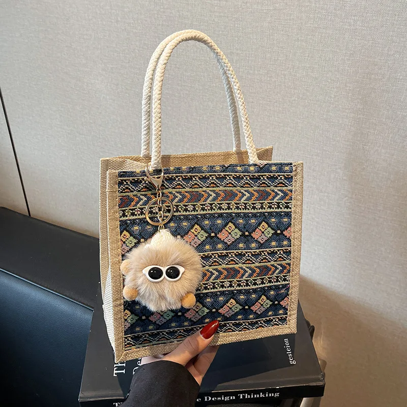 

Модная льняная сумка на молнии с подвеской, портативная сумка для покупок, студенческая сумка для обеда, еды, бенто, женская холщовая сумка с принтом