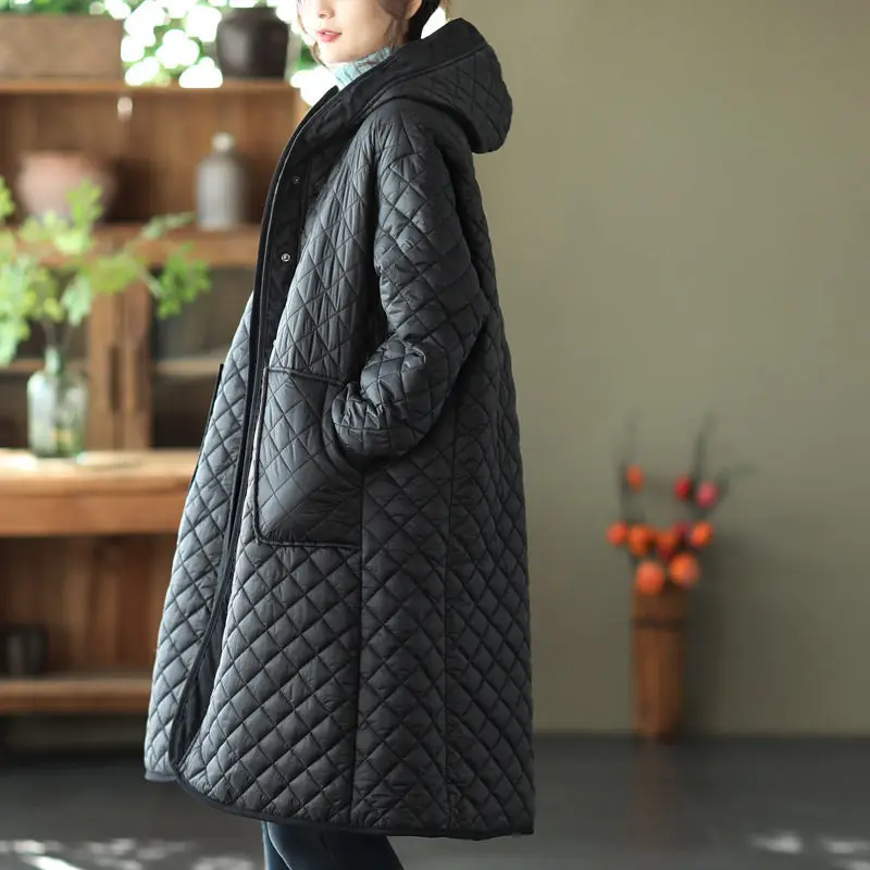 Padded Velvet Thickened Diamond Lattice Quilted Jacket Hooded Large Size Women\'s Mid-Length Winter Coat Loose Warm Casaco T676