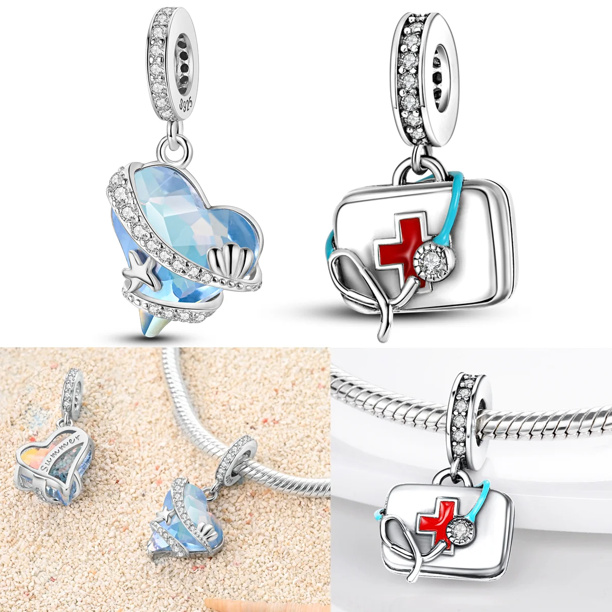 

925 Sterling Silver First Aid Kit Charms Bead Sea Blue Gemstone Shell Starfish Pendants Fit Original Bracelet DIY Jewelry Gift