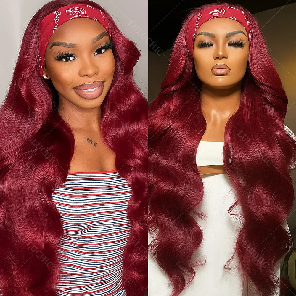 

99J Burgundy Body Wave Headband Human Hair Wigs Reddish Brown Machine Made Glueless Wigs Brazilian 350 Ginger Human Hair Wigs