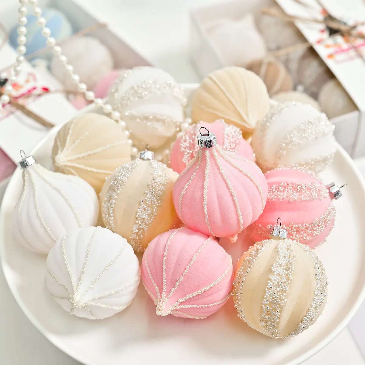 

New 12Pcs 6cm Flocking Christmas Balls Creative Macaron Cream Color Ins Wind Christmas Decor Balls Hanging Christmas Party Decor