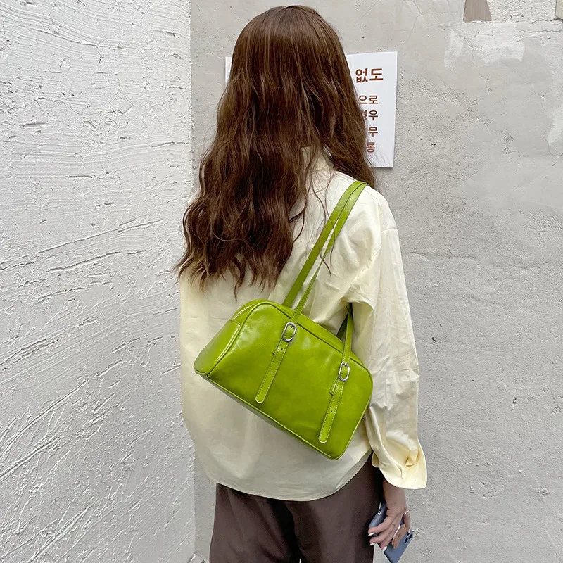 Green Vintage Handbags Women High Street Pu Leather Large Capacity Casual Shoulder Tote Bag Female Y2k Handbag Aesthetic