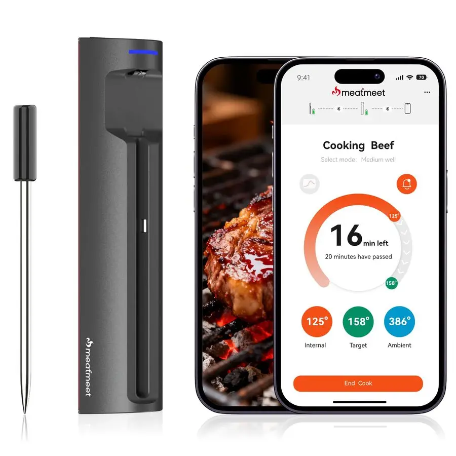 

Pro WiFi Wireless Meat Thermometer Digital, Bluetooth Meat Thermometer Wireless, Smart App Monitoring, IP67 Waterproof Meat Prob
