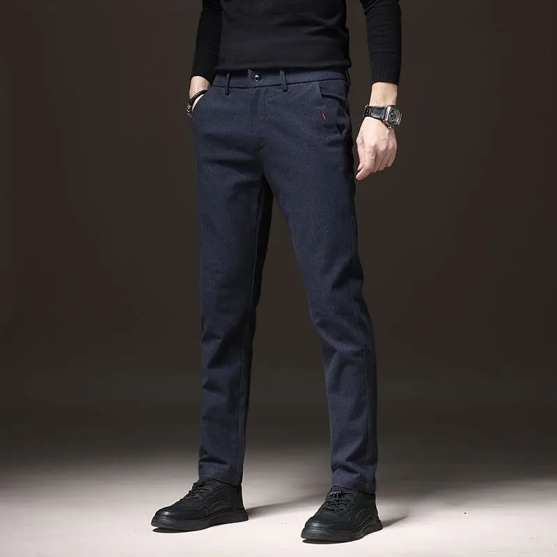 Spring Autumn Men\'s Casual Pants Business Fashion Elastic Waist Slim Fit Stretch Thick Gray Black Cotton Trousers Male