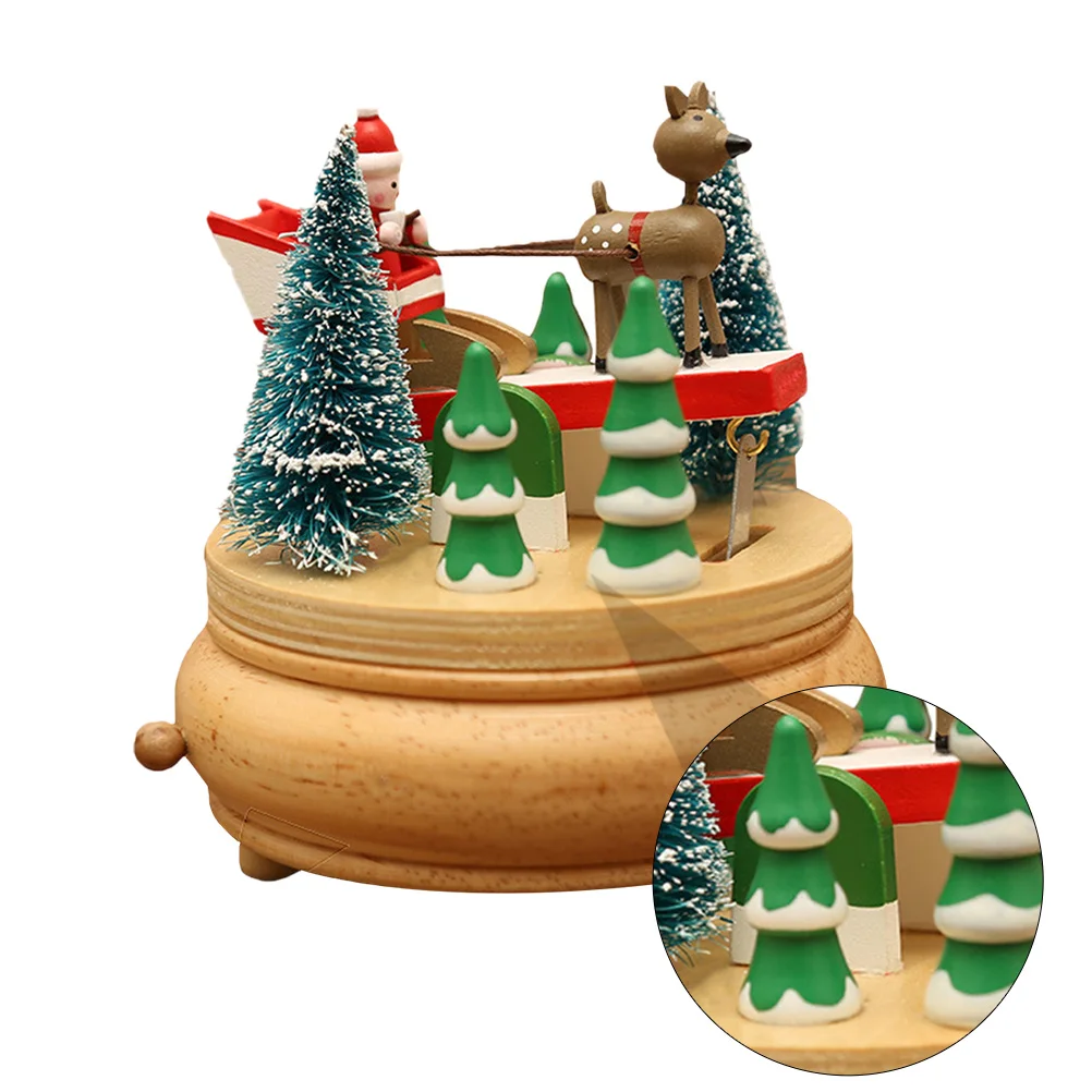 

1Pcs Christmas Music Box Adornment Wooden Deer Rotating Pull Cart Decorative Desktop Ornament Lovely Holiday Gift for Family