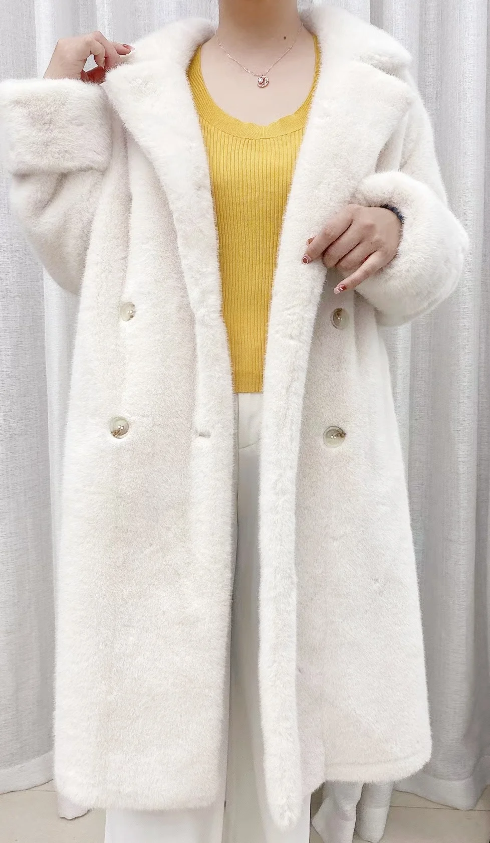 Faux fur coat midi coat with lapels double-breasted loose warm mid coat coat Fall-Winter 2024 New