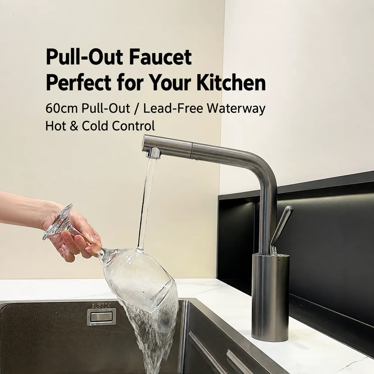 German Design Brass Pull Out Kitchen Faucet, Hot Cold Sink Mixer Tap, 60cm Hose, 360 Swivel Flip Spray Nozzle