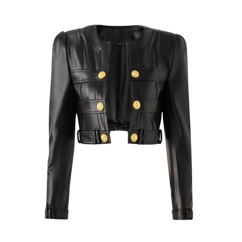 New in Coats Jackets PU Leather Splicing Small Round Neck Women's Coat Spring Slimming Short Leather Suit Outdoor Fashion Jacket