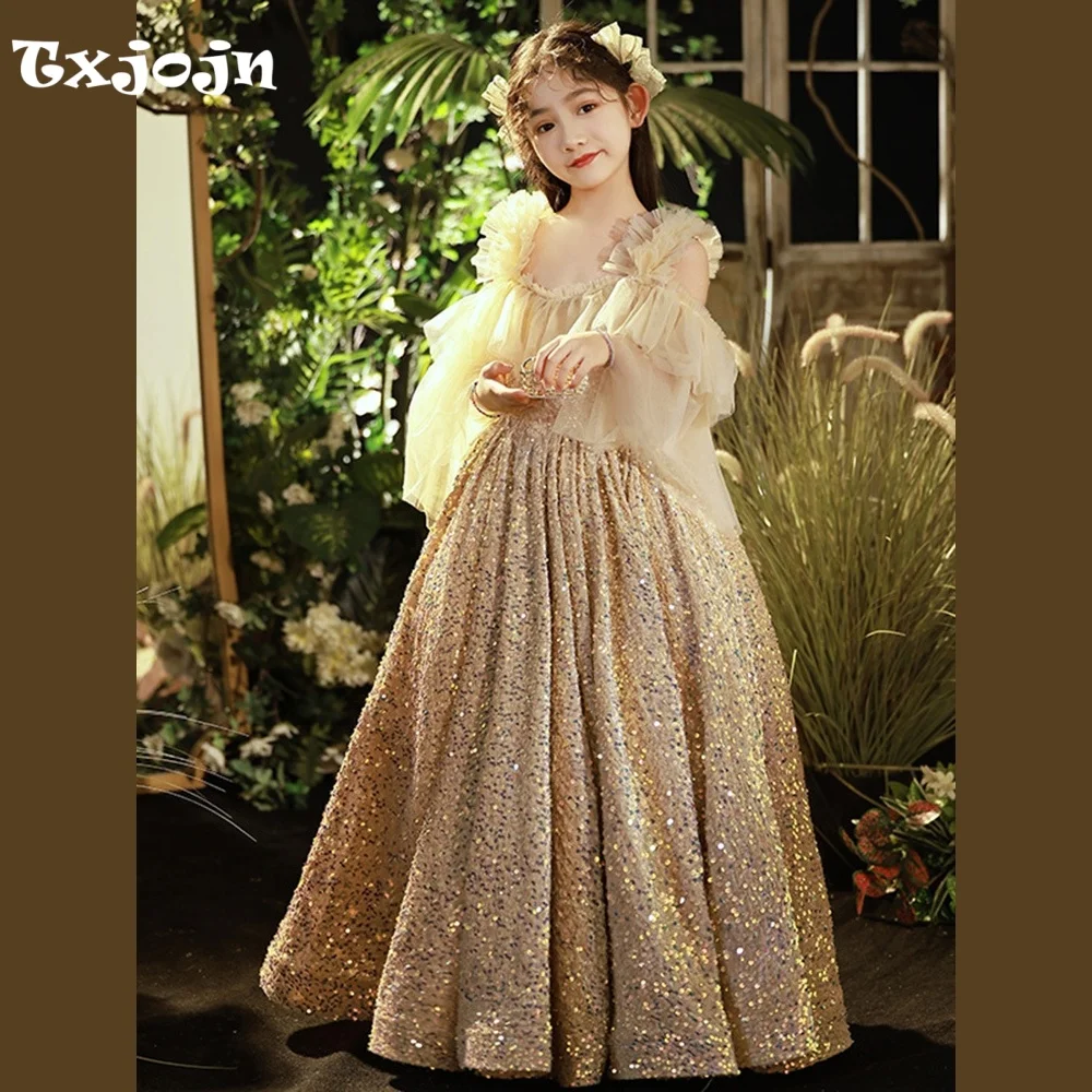 Girl's Ball Gown Sequined Wedding Flower Girl New Christmas Princess Dress Toddler Teens Child Vestido Birthday Clothes 3-14Y