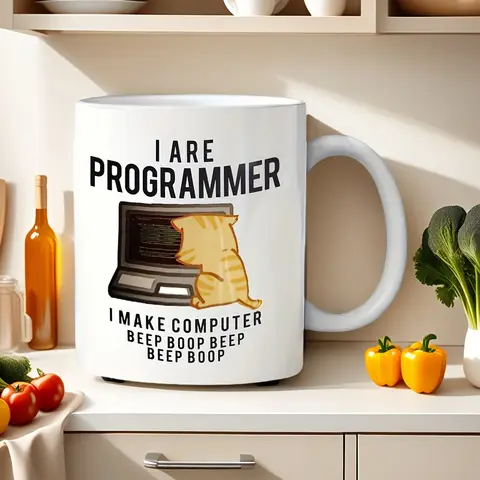 1pc Funny Programmer Cat Ceramic Mug – "I Am a Programmer" Double-Sided Design, Perfect Gift for Computer Coders, Coffee & Tea C