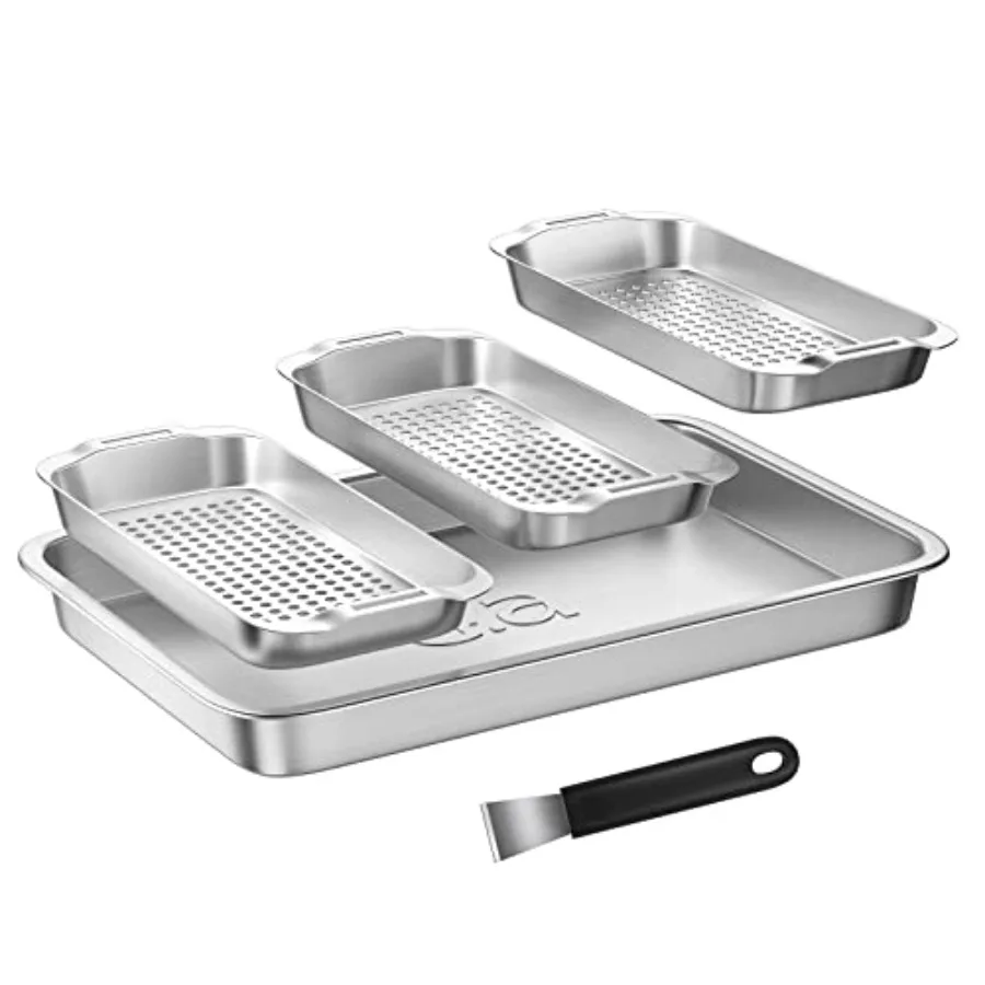 

Grill Basket Set - BBQ Grill Tray with 3-Piece Grill Basket and Universal Handle Heavy-Duty Stainless Steel Dishwasher Safe Rus