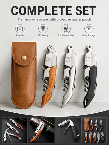 8 Styles New Multifunction Wine Opener Stainless Steel Corkscrew Waiter Knife Beer Bottle Opener Foil Cutter with Leather Pouch