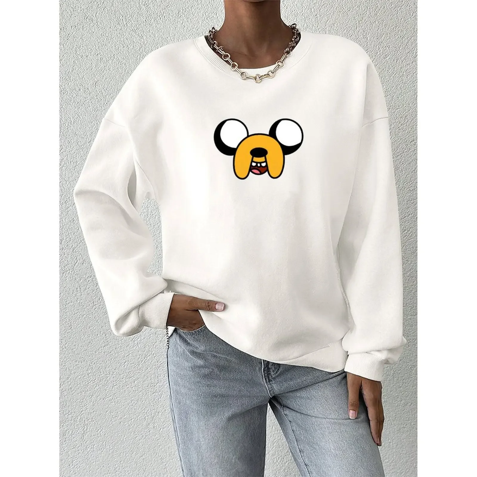 

Velvet Round Neck Sweater For Women Long Sleeve Loose Fit Printed Pullover Warm Casual Top For Autumn Winter Daily Wear