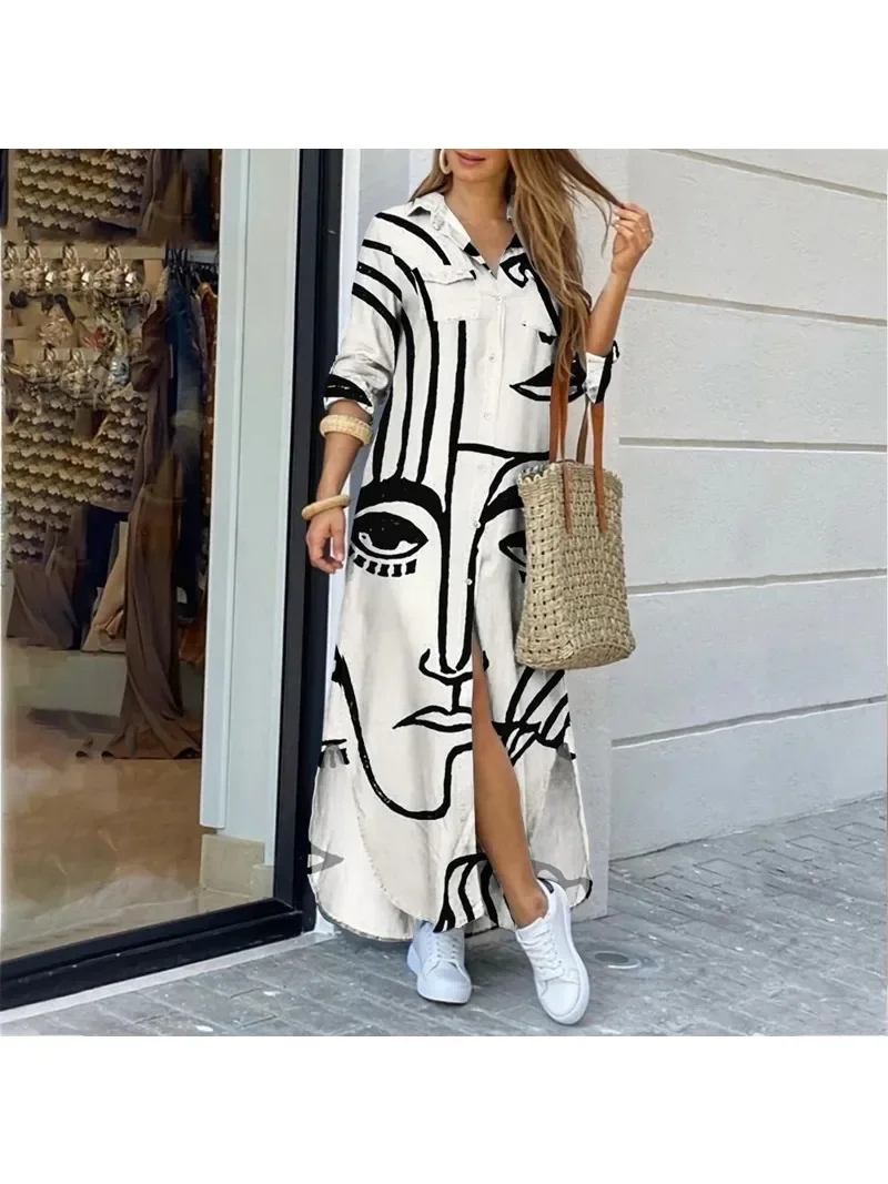 Women\'s Long Sleeved Printed and Ankle Skirt Casual Commuting Long Skirt Spring and Autumn Lapel Button A-line Skirt