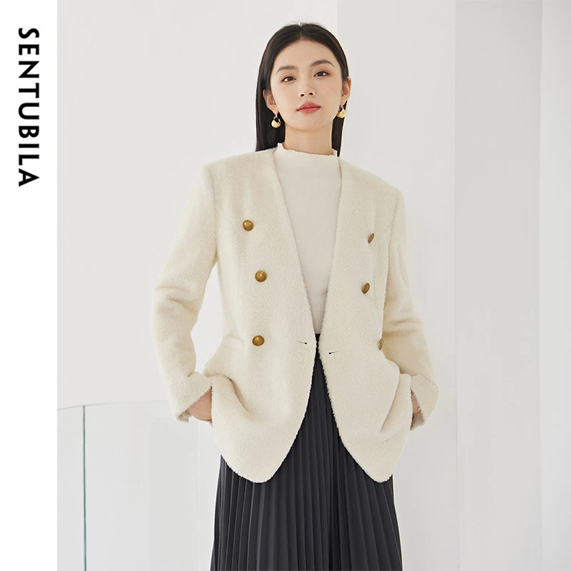 SENTUBILA Korean Style Wool Coat Women Double Breasted V Neck High Quality Mid-length Outcoat 2024 Winter Clothes 134D52820