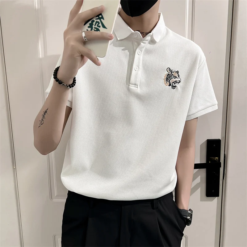 

Мужская летняя модная рубашка с коротким рукавом, вышивкой, приталенным кроем и отложным воротником, молодежная, дышащая, повседневная одежда