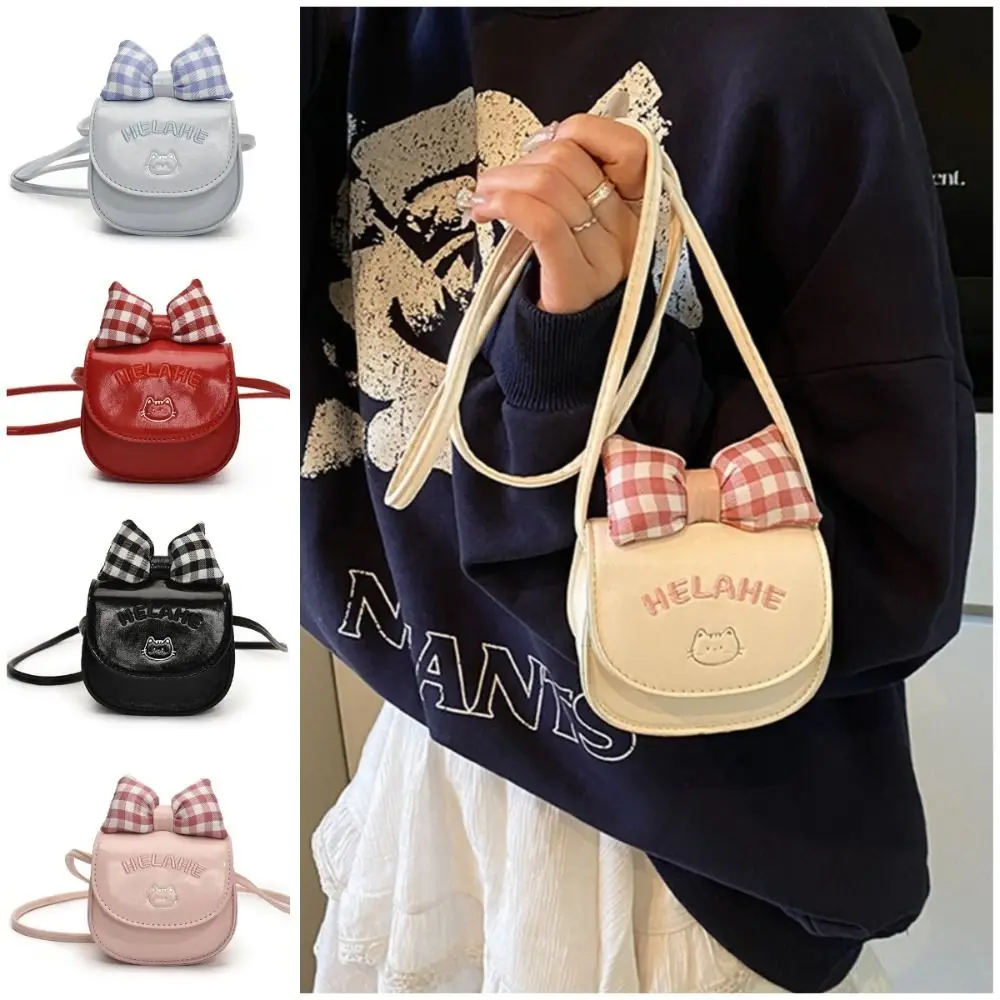 

Spring/Summer Kawaii Kids Leather Square Bag Korean Style Bow Mini Shoulder Bag Solid Color Plaid Lipstick Bag Gift