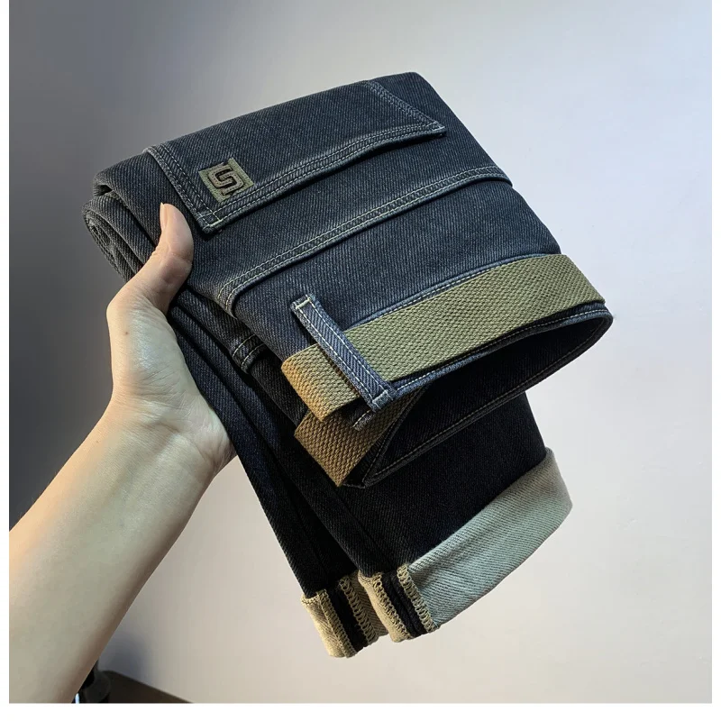 

Зимние флисовые джинсы 2025 года для мужчин, утолщенные теплые, слегка свободные толстые, облегающие, легкие роскошные брюки