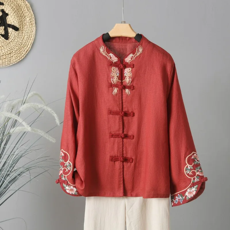 Women Clothing Chinese Ethnic Style Vintage Embroidery Shirts Elegant Stand Collar Cotton Linen Blouses Long Sleeve Loose Tops