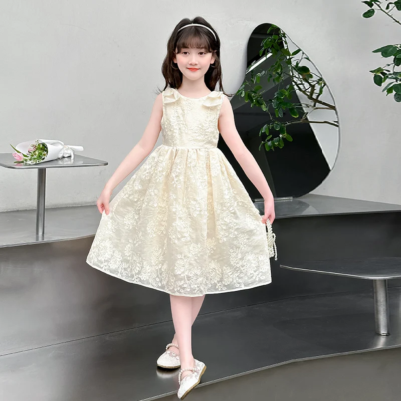 2025 New Girl's Bow Sleeveless Dress Hand Embroidered Children's Princess Dress Summer Holiday Party Skirt