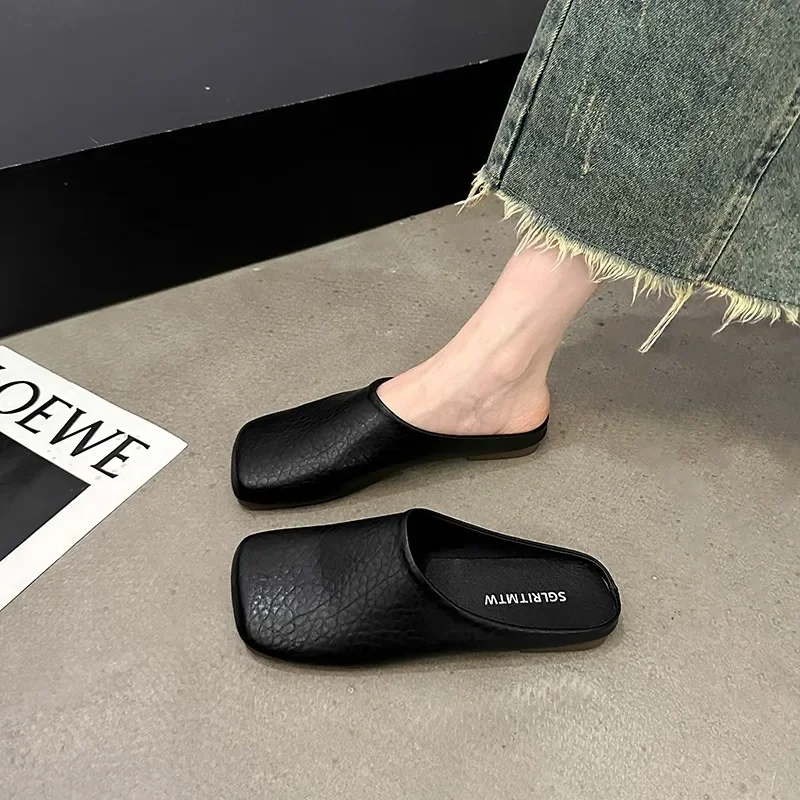 Square Toe Loafers Shoes Woman 2024 Slippers Flat Female Mule Low Pantofle Luxury Slides Cover Mules New Summer Designer Soft Re