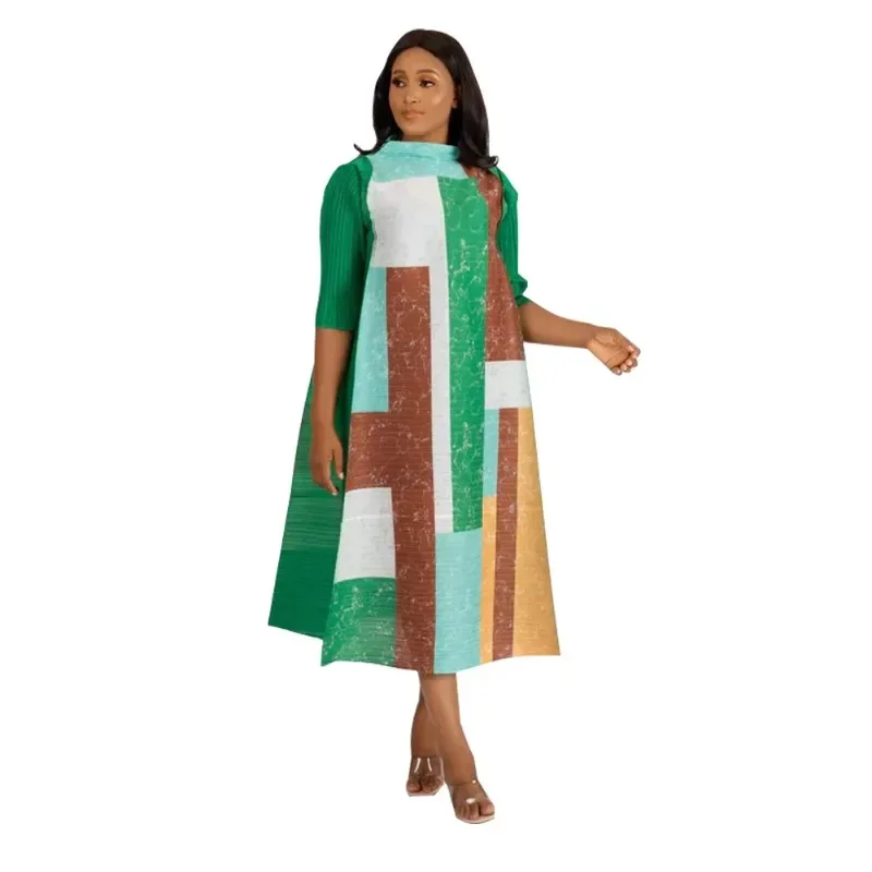 

2026 Fashion African 3/4 Sleeve Polyester Plus Size O-Neck Pleated Long Dress Dashiki African Clothes African Dresses for Women