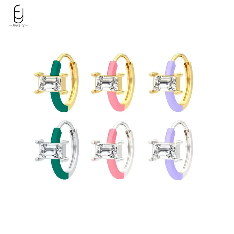 

925 Sterling Silver Ear Needle Luxury Colorful Enamel Hoop Earrings for Women White Zircon Gold Silver Earrings Fashion Jewelry